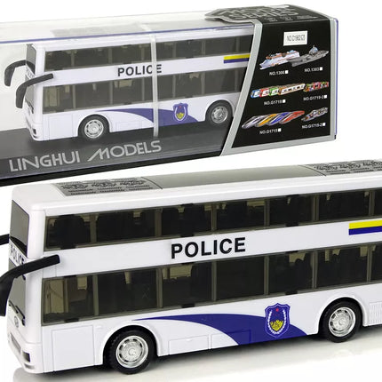 Baltas dviaukštis policijos autobusas su ištraukiamu garsu