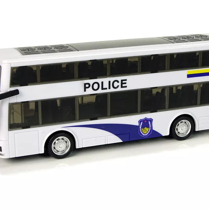 Baltas dviaukštis policijos autobusas su ištraukiamu garsu