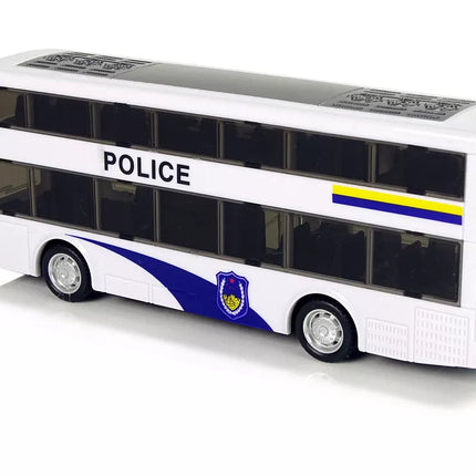 Baltas dviaukštis policijos autobusas su ištraukiamu garsu