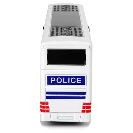 Baltas dviaukštis policijos autobusas su ištraukiamu garsu