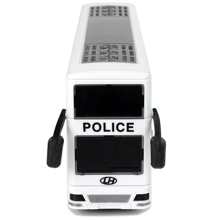 Baltas dviaukštis policijos autobusas su ištraukiamu garsu