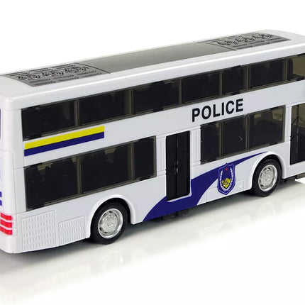 Baltas dviaukštis policijos autobusas su ištraukiamu garsu