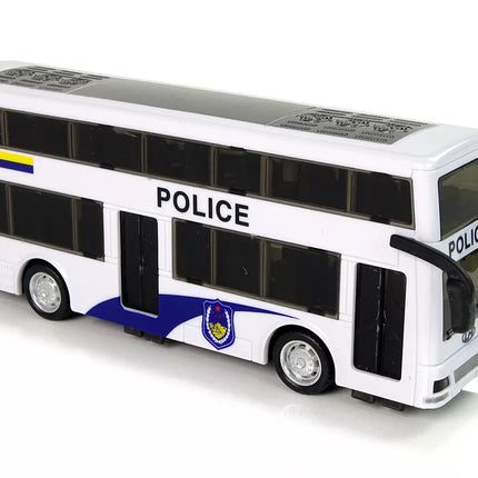Baltas dviaukštis policijos autobusas su ištraukiamu garsu