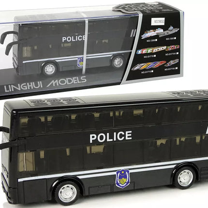 Juodas dviaukštis policijos autobusas su nuleidžiamu garsu