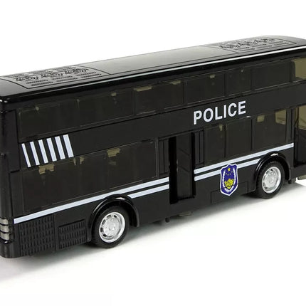 Juodas dviaukštis policijos autobusas su nuleidžiamu garsu