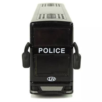 Juodas dviaukštis policijos autobusas su nuleidžiamu garsu