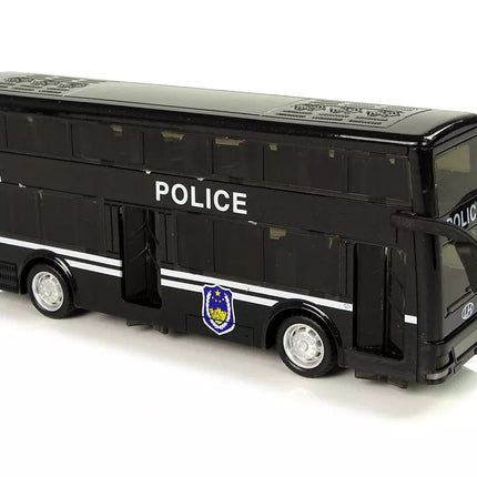 Juodas dviaukštis policijos autobusas su nuleidžiamu garsu