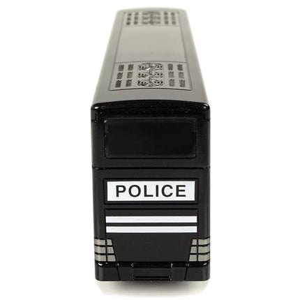 Juodas dviaukštis policijos autobusas su nuleidžiamu garsu
