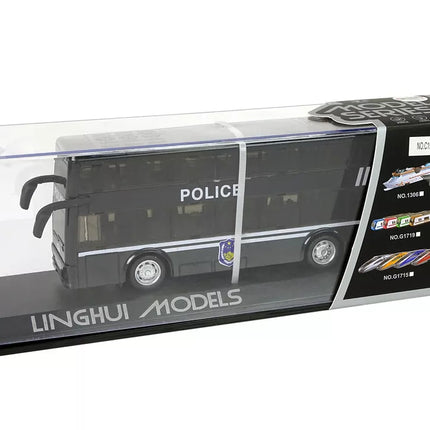 Juodas dviaukštis policijos autobusas su nuleidžiamu garsu