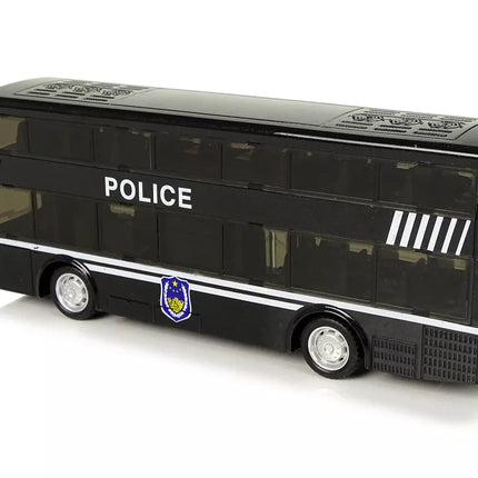 Juodas dviaukštis policijos autobusas su nuleidžiamu garsu
