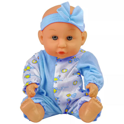 Mėlyna lėlė-kūdikis, puodukas, geria, sisiuoja, 24 cm