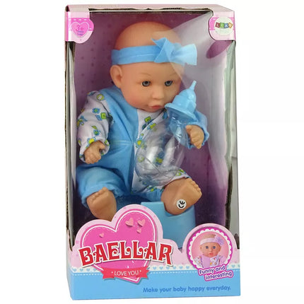 Mėlyna lėlė-kūdikis, puodukas, geria, sisiuoja, 24 cm