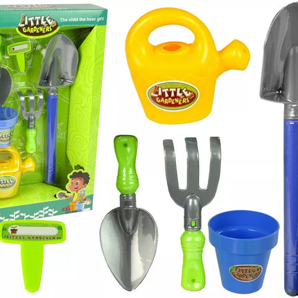 Sodo rinkinys: kibiras, šaukštas, laistytuvas, puodas, kastuvas