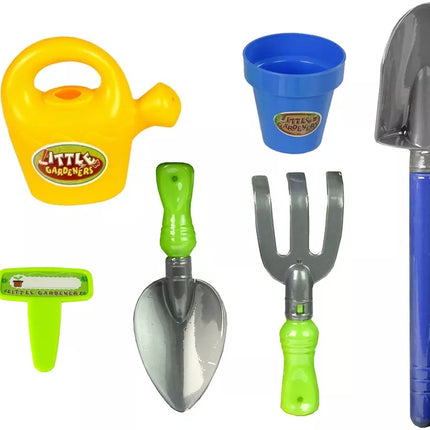 Sodo rinkinys: kibiras, šaukštas, laistytuvas, puodas, kastuvas