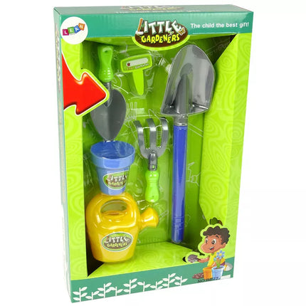 Sodo rinkinys: kibiras, šaukštas, laistytuvas, puodas, kastuvas