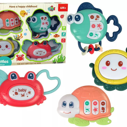 Barškučių rinkinys kūdikiams, 4 vnt., vėžlys, žuvis, jūros gyvūnai, kramtukas