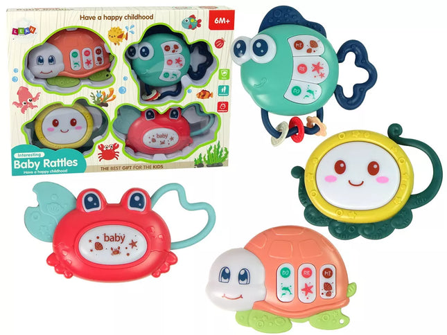 Barškučių rinkinys kūdikiams, 4 vnt., vėžlys, žuvis, jūros gyvūnai, kramtukas