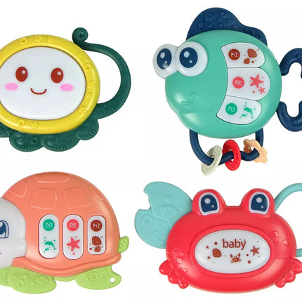 Barškučių rinkinys kūdikiams, 4 vnt., vėžlys, žuvis, jūros gyvūnai, kramtukas