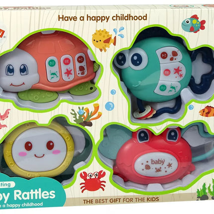 Barškučių rinkinys kūdikiams, 4 vnt., vėžlys, žuvis, jūros gyvūnai, kramtukas