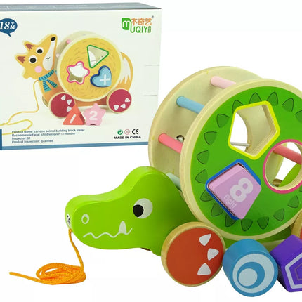 Krokodilo traukiamas medinių kaladėlių rūšiuotojas su ratukais