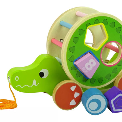 Krokodilo traukiamas medinių kaladėlių rūšiuotojas su ratukais