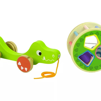 Krokodilo traukiamas medinių kaladėlių rūšiuotojas su ratukais