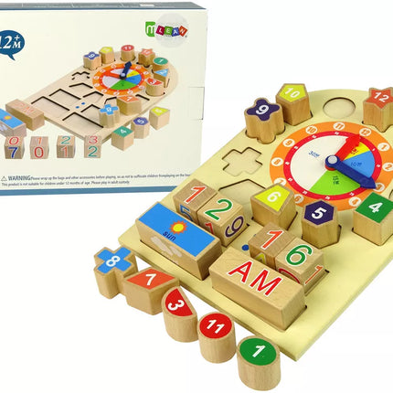 Medinis edukacinis laikrodis-rūšiuoklis su spalvotais skaičių blokeliais