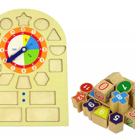 Medinis edukacinis laikrodis-rūšiuoklis su spalvotais skaičių blokeliais