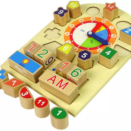 Medinis edukacinis laikrodis-rūšiuoklis su spalvotais skaičių blokeliais