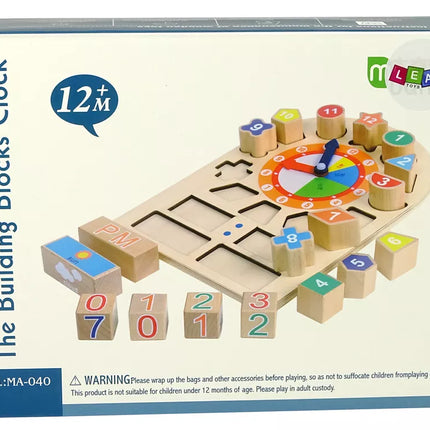 Medinis edukacinis laikrodis-rūšiuoklis su spalvotais skaičių blokeliais