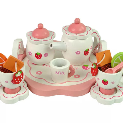 Medinis arbatos rinkinys rožiniai žiedai ąsotis padėklas