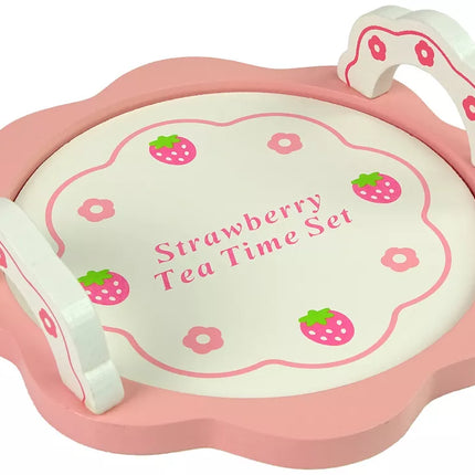 Medinis arbatos rinkinys rožiniai žiedai ąsotis padėklas