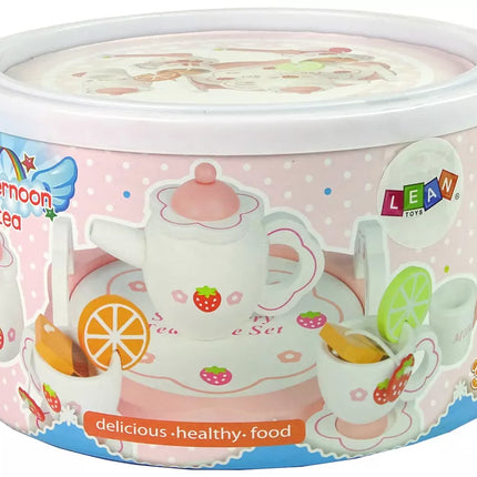 Medinis arbatos rinkinys rožiniai žiedai ąsotis padėklas