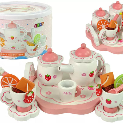 Medinis arbatos rinkinys rožiniai žiedai ąsotis padėklas