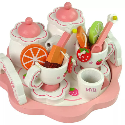 Medinis arbatos rinkinys rožiniai žiedai ąsotis padėklas