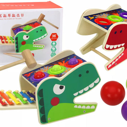 Dinozaurų cimbolų plaktukas 2in1 medinis raudonas