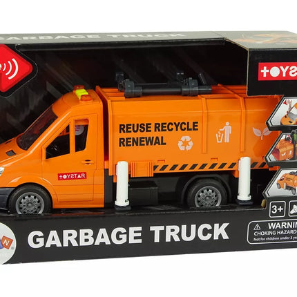 Šiukšliavežė su frikciniu varikliu, garso efektais, oranžinė