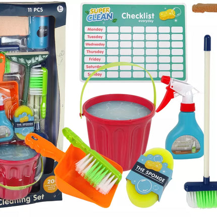 Valymo rinkinys 11in1 vaikams: šluota, kibiras, semtuvėlis, purškiklis, kempinė