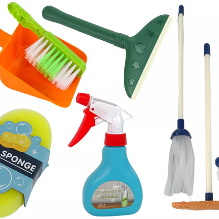 Valymo rinkinys 11in1 vaikams: šluota, kibiras, semtuvėlis, purškiklis, kempinė