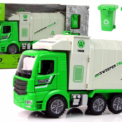 Žalias šiukšliavežis su judančiu konteineriu ir šviečiančiais ratais