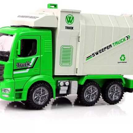 Žalias šiukšliavežis su judančiu konteineriu ir šviečiančiais ratais