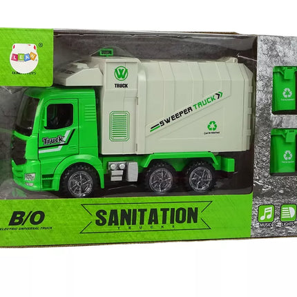 Žalias šiukšliavežis su judančiu konteineriu ir šviečiančiais ratais