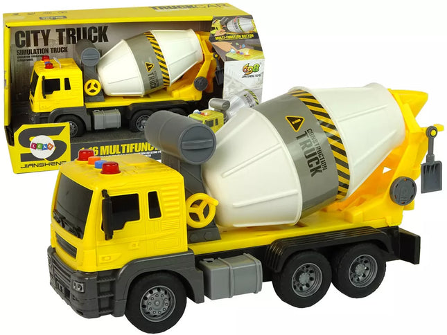 Betono maišyklė geltona besisukantis kaušas garsai šviesos