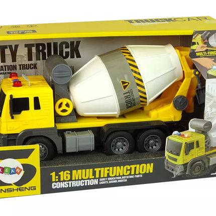 Betono maišyklė geltona besisukantis kaušas garsai šviesos