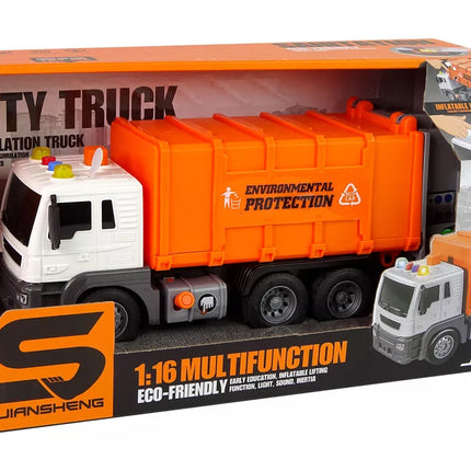Šiukšliavežis su frikciniu varikliu, garso efektais, oranžinis, 1:16, atliekantis atliekų rūšiavimą