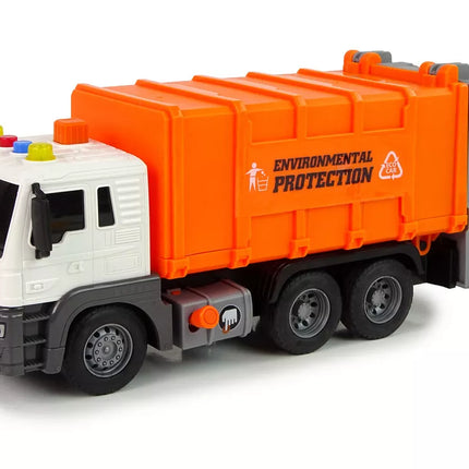 Šiukšliavežis su frikciniu varikliu, garso efektais, oranžinis, 1:16, atliekantis atliekų rūšiavimą
