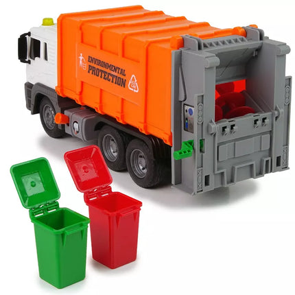 Šiukšliavežis su frikciniu varikliu, garso efektais, oranžinis, 1:16, atliekantis atliekų rūšiavimą