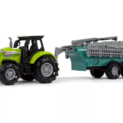 Žalias traktorius su purkštuvu ir ūkinio garso efektais
