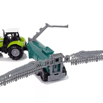 Žalias traktorius su purkštuvu ir ūkinio garso efektais