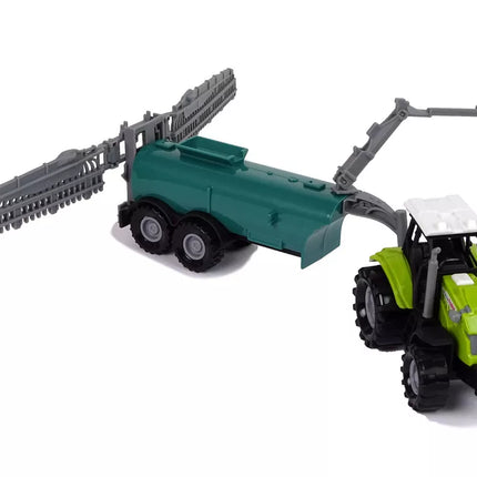 Žalias traktorius su purkštuvu ir ūkinio garso efektais